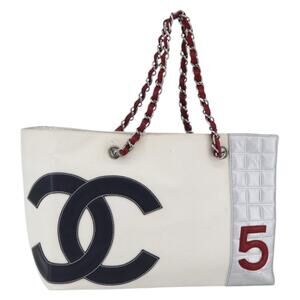 CHANEL Choco Bar Chain Shoulder Bag No5 Canvas Ivory Silver CC Auth 149068